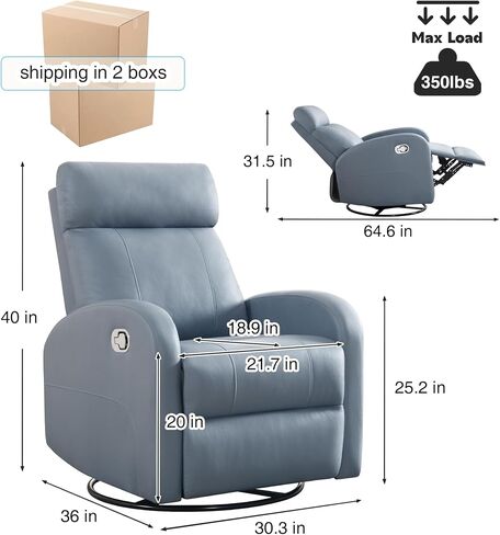 Power Swivel Rocker Recliner, Faux Leather Rocking Recliner Chair with USB Port, Swivel Glider Reclining Chair Nursery Recliners for Living Room, Blue in Kuwait