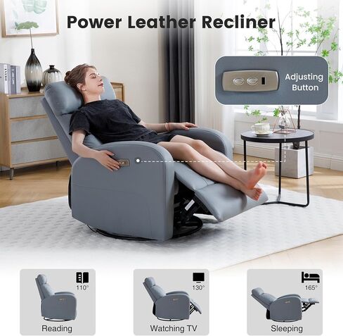 Power Swivel Rocker Recliner, Faux Leather Rocking Recliner Chair with USB Port, Swivel Glider Reclining Chair Nursery Recliners for Living Room, Blue in Kuwait