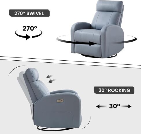 Power Swivel Rocker Recliner, Faux Leather Rocking Recliner Chair with USB Port, Swivel Glider Reclining Chair Nursery Recliners for Living Room, Blue in Kuwait