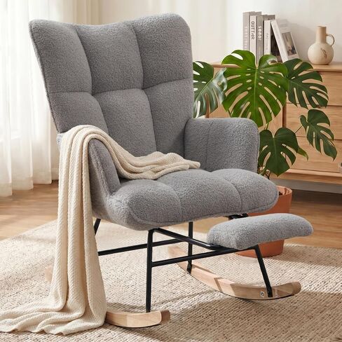Nursing Rocking Chair, Teddy Fleece Upholstered Glider Rocker with Adjustable Footrest, High Back Rocking Reading Chair with Side Pocket, Cozy Accent Armchair for Living Room Bedroom (Black) in Kuwait
