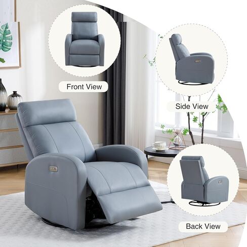Power Swivel Rocker Recliner, Faux Leather Rocking Recliner Chair with USB Port, Swivel Glider Reclining Chair Nursery Recliners for Living Room, Blue in Kuwait