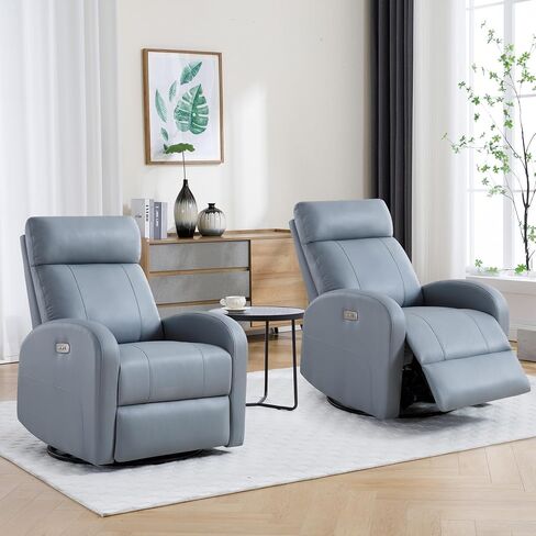 Power Swivel Rocker Recliner, Faux Leather Rocking Recliner Chair with USB Port, Swivel Glider Reclining Chair Nursery Recliners for Living Room, Blue in Kuwait