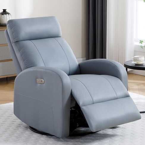 Power Swivel Rocker Recliner, Faux Leather Rocking Recliner Chair with USB Port, Swivel Glider Reclining Chair Nursery Recliners for Living Room, Blue in Kuwait