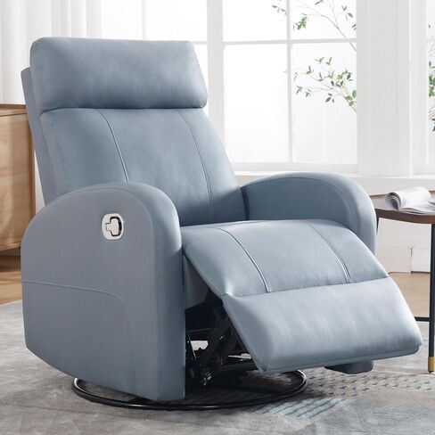 Swivel Rocker Recliner Chair, Manual Faux Leather Recliner, Glider Rocking Recliners 360°Swivel Nursery Reclining Chairs with Adjustable Headrest Highback for Living Room, Blue in Kuwait