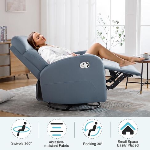 Swivel Rocker Recliner Chair, Manual Faux Leather Recliner, Glider Rocking Recliners 360°Swivel Nursery Reclining Chairs with Adjustable Headrest Highback for Living Room, Blue in Kuwait