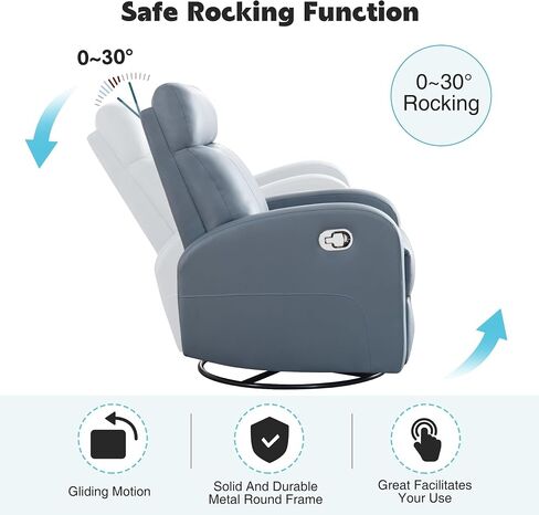Swivel Rocker Recliner Chair, Manual Faux Leather Recliner, Glider Rocking Recliners 360°Swivel Nursery Reclining Chairs with Adjustable Headrest Highback for Living Room, Blue in Kuwait