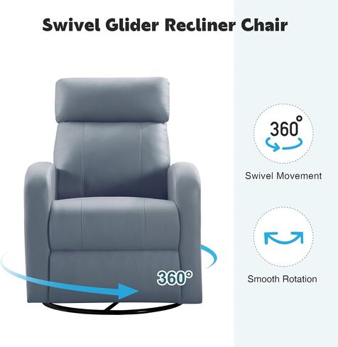 Swivel Rocker Recliner Chair, Manual Faux Leather Recliner, Glider Rocking Recliners 360°Swivel Nursery Reclining Chairs with Adjustable Headrest Highback for Living Room, Blue in Kuwait