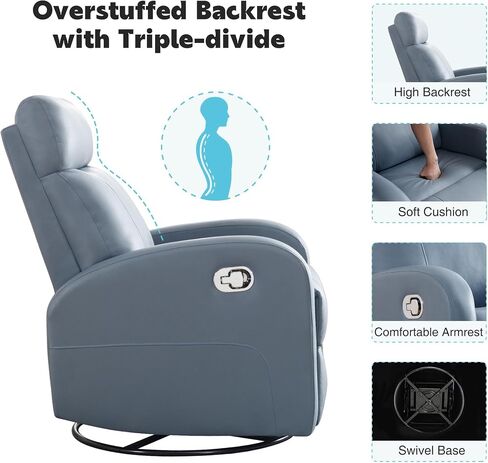 Swivel Rocker Recliner Chair, Manual Faux Leather Recliner, Glider Rocking Recliners 360°Swivel Nursery Reclining Chairs with Adjustable Headrest Highback for Living Room, Blue in Kuwait