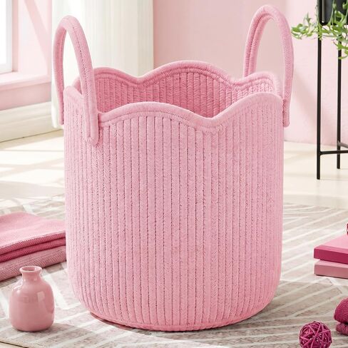 Blue Scalloped Woven Blanket Basket 12" x 12" x 12" Cotton Rope Laundry Basket Hamper Cute Round Decorative Storage Bin with Handles for Baby Nursery Living Room Bedroom Bathroom in Kuwait