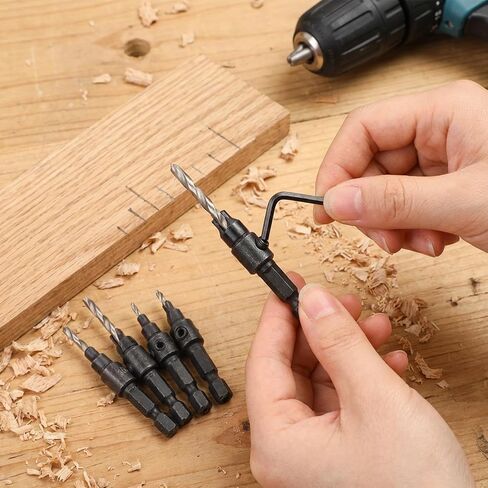 5Pcs/Set Hex Shank Countersink Drill Bit Set for Wood Quick Change Twist Drill Bit Woodworking Drilling Hole Tool with L Wrench in Kuwait