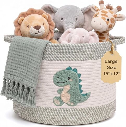Baby Laundry Basket for Nursery, Large 15"x12" Baby Storage Baskets, Cotton Rope Kids Hamper Soft Foldable Bin with Cute Embroidered Animal Designs for Home Toys Organize in Kuwait
