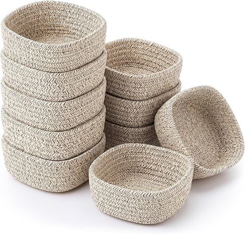 10 Pcs Small Woven Baskets Set Cute Tiny Natural Cotton Rope Storage Mini Basket 5.91" x 5.91" x 2.56" Linen Color Bins Decorative Organizer for Nursery Shelves Bathroom Closet Home Decor in Kuwait