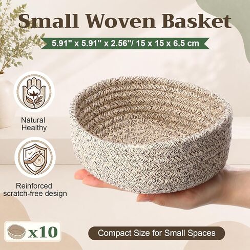 10 Pcs Small Woven Baskets Set Cute Tiny Natural Cotton Rope Storage Mini Basket 5.91" x 5.91" x 2.56" Linen Color Bins Decorative Organizer for Nursery Shelves Bathroom Closet Home Decor in Kuwait