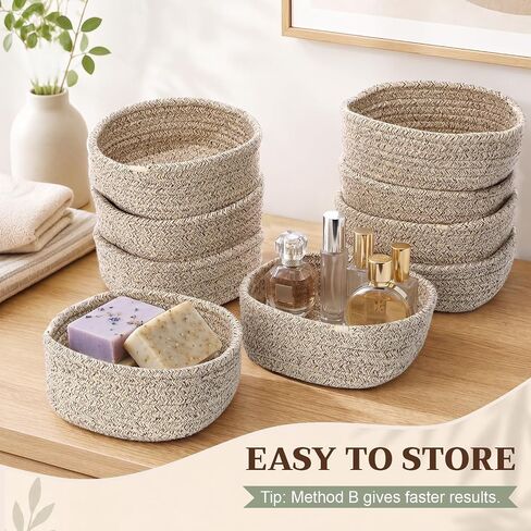 10 Pcs Small Woven Baskets Set Cute Tiny Natural Cotton Rope Storage Mini Basket 5.91" x 5.91" x 2.56" Linen Color Bins Decorative Organizer for Nursery Shelves Bathroom Closet Home Decor in Kuwait