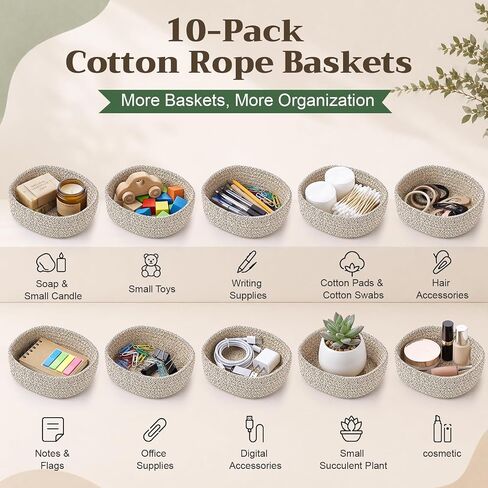 10 Pcs Small Woven Baskets Set Cute Tiny Natural Cotton Rope Storage Mini Basket 5.91" x 5.91" x 2.56" Linen Color Bins Decorative Organizer for Nursery Shelves Bathroom Closet Home Decor in Kuwait