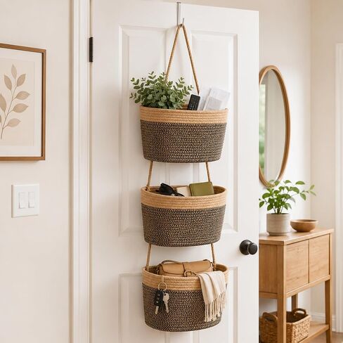 Novabright 3-tier Wall Mounted Woven Hanging Basket, Over The Door Organizer with 4 Hooks, Boho Rustic Neutral Decorative Storage Baskets for Bedroom Nursery Bathroom Kitchen Living Room Dorm Pantry in Kuwait