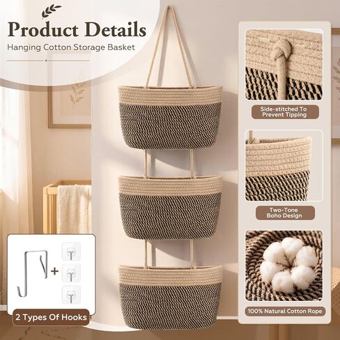 Novabright 3-tier Wall Mounted Woven Hanging Basket, Over The Door Organizer with 4 Hooks, Boho Rustic Neutral Decorative Storage Baskets for Bedroom Nursery Bathroom Kitchen Living Room Dorm Pantry in Kuwait