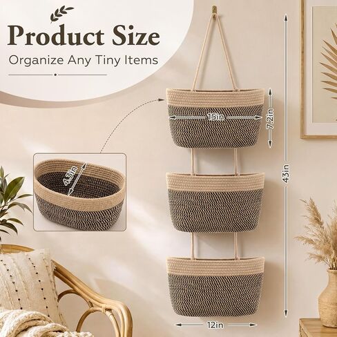Novabright 3-tier Wall Mounted Woven Hanging Basket, Over The Door Organizer with 4 Hooks, Boho Rustic Neutral Decorative Storage Baskets for Bedroom Nursery Bathroom Kitchen Living Room Dorm Pantry in Kuwait
