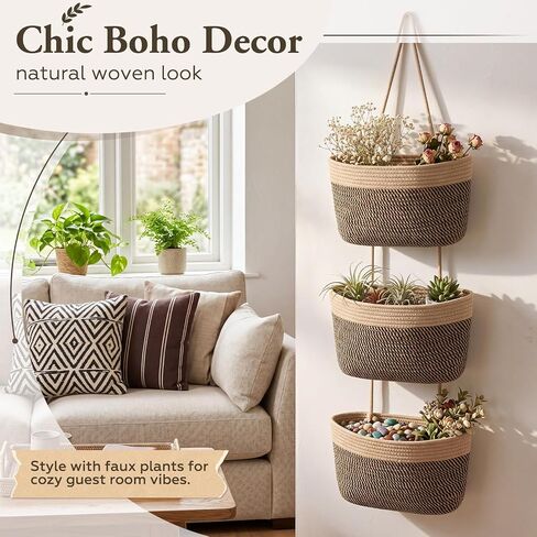 Novabright 3-tier Wall Mounted Woven Hanging Basket, Over The Door Organizer with 4 Hooks, Boho Rustic Neutral Decorative Storage Baskets for Bedroom Nursery Bathroom Kitchen Living Room Dorm Pantry in Kuwait