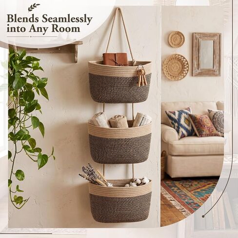 Novabright 3-tier Wall Mounted Woven Hanging Basket, Over The Door Organizer with 4 Hooks, Boho Rustic Neutral Decorative Storage Baskets for Bedroom Nursery Bathroom Kitchen Living Room Dorm Pantry in Kuwait