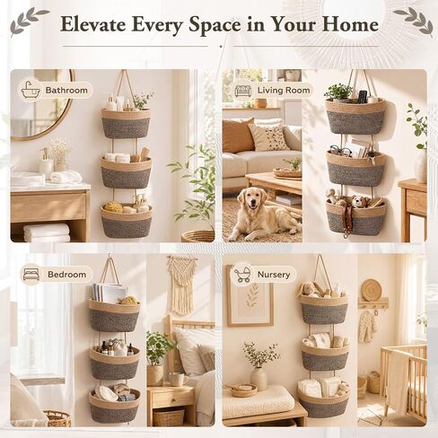 Novabright 3-tier Wall Mounted Woven Hanging Basket, Over The Door Organizer with 4 Hooks, Boho Rustic Neutral Decorative Storage Baskets for Bedroom Nursery Bathroom Kitchen Living Room Dorm Pantry in Kuwait