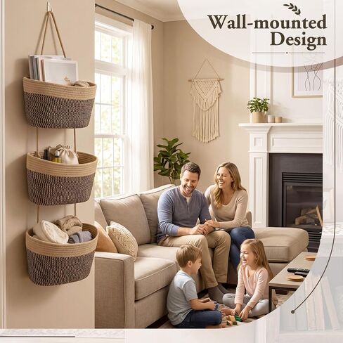 Novabright 3-tier Wall Mounted Woven Hanging Basket, Over The Door Organizer with 4 Hooks, Boho Rustic Neutral Decorative Storage Baskets for Bedroom Nursery Bathroom Kitchen Living Room Dorm Pantry in Kuwait