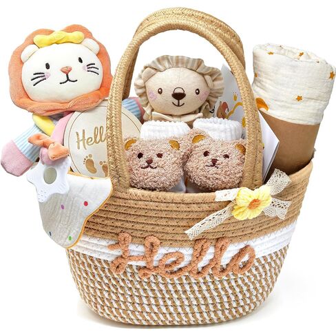 Golray Baby Boy Gifts for Baby Shower, Newborn Baby Boy Gift Basket with Lion Lovey Hand Puppet, Muslin Swaddle Blanket, Baby Rattle, Bib, Socks, Milestone Sign, Welcome Baby Gift Set for Boys in Kuwait