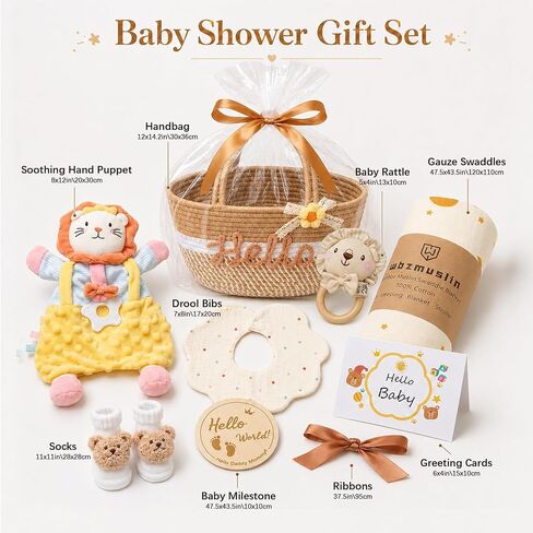 Golray Baby Boy Gifts for Baby Shower, Newborn Baby Boy Gift Basket with Lion Lovey Hand Puppet, Muslin Swaddle Blanket, Baby Rattle, Bib, Socks, Milestone Sign, Welcome Baby Gift Set for Boys in Kuwait