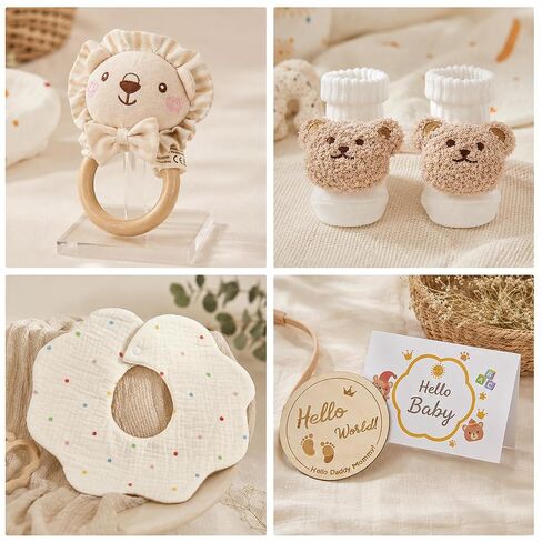 Golray Baby Boy Gifts for Baby Shower, Newborn Baby Boy Gift Basket with Lion Lovey Hand Puppet, Muslin Swaddle Blanket, Baby Rattle, Bib, Socks, Milestone Sign, Welcome Baby Gift Set for Boys in Kuwait