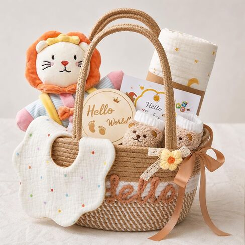 Golray Baby Boy Gifts for Baby Shower, Newborn Baby Boy Gift Basket with Lion Lovey Hand Puppet, Muslin Swaddle Blanket, Baby Rattle, Bib, Socks, Milestone Sign, Welcome Baby Gift Set for Boys in Kuwait