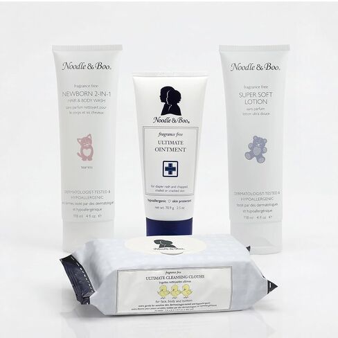 Noodle & Boo Fragrance Free Baby Skincare 4-Piece Bundle – Ultimate Baby Ointment, 2-in-1 Newborn Shampoo & Body Wash, Super Soft Baby Lotion & Cleansing Cloths for Sensitive Skin in Kuwait