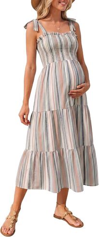 Summer Mae Smocked Maternity Dress with Pockets Baby Shower Summer Outfit | Women pregnancy adjustable tie clothes flowy midi dress for beach, wedding guest, photoshoot and daily wear in Kuwait