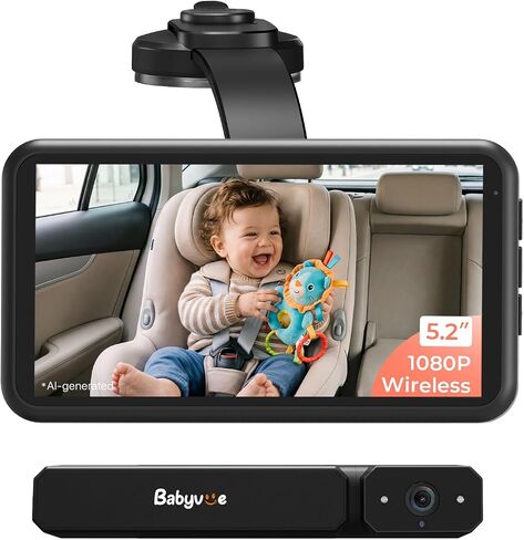 Babyvue BV6 Baby Car Camera Wireless, Baby Monitor with Suction Cup Mount | 1080P HD, 5.2" IPS Screen, Auto IR Night Vision, 3X Zoom, Easy Setup Car Seat Camera for Rear-Facing Baby Kids (Black) in Kuwait