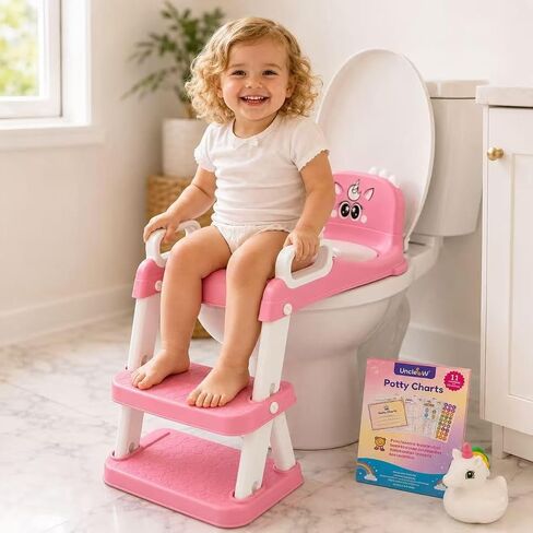 UNCLE WU Potty Training Seat with Ladder for Toddler Girls, Pink Unicorn | Soft PU seat, splash guard, anti-slip ladder, 6 heights, ages 1-5, 224 stickers, 11 charts & toy in Kuwait