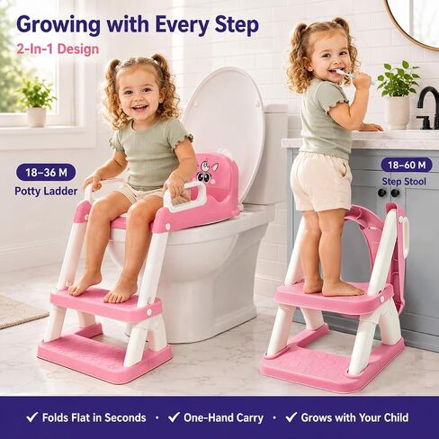 UNCLE WU Potty Training Seat with Ladder for Toddler Girls, Pink Unicorn | Soft PU seat, splash guard, anti-slip ladder, 6 heights, ages 1-5, 224 stickers, 11 charts & toy in Kuwait