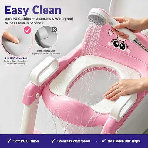 UNCLE WU Potty Training Seat with Ladder for Toddler Girls, Pink Unicorn | Soft PU seat, splash guard, anti-slip ladder, 6 heights, ages 1-5, 224 stickers, 11 charts & toy in Kuwait