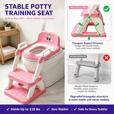 UNCLE WU Potty Training Seat with Ladder for Toddler Girls, Pink Unicorn | Soft PU seat, splash guard, anti-slip ladder, 6 heights, ages 1-5, 224 stickers, 11 charts & toy in Kuwait