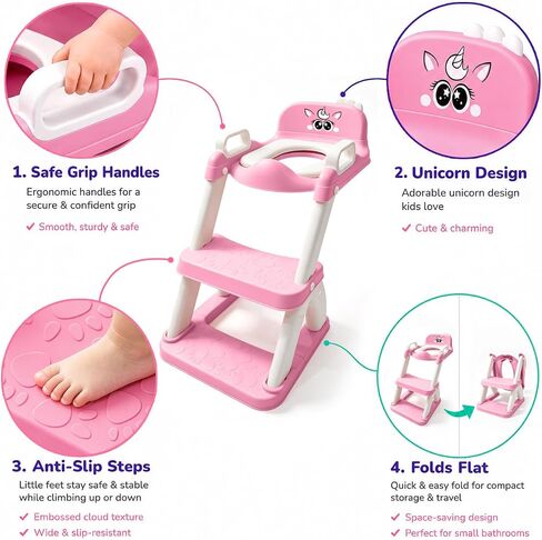 UNCLE WU Potty Training Seat with Ladder for Toddler Girls, Pink Unicorn | Soft PU seat, splash guard, anti-slip ladder, 6 heights, ages 1-5, 224 stickers, 11 charts & toy in Kuwait