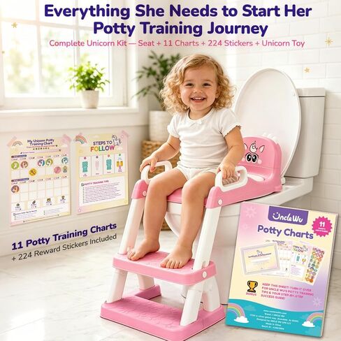 UNCLE WU Potty Training Seat with Ladder for Toddler Girls, Pink Unicorn | Soft PU seat, splash guard, anti-slip ladder, 6 heights, ages 1-5, 224 stickers, 11 charts & toy in Kuwait