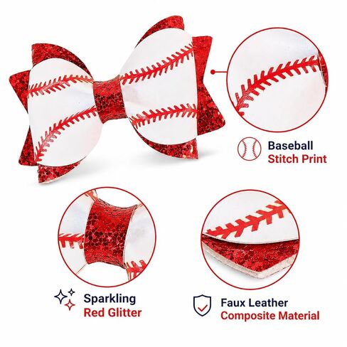 Baseball Hair Bow Clips for Girls, 2PCS Baseball Bow Alligator Clips with Red Glitter, Game Day Sports Hair Accessories for Toddlers Kids in Kuwait