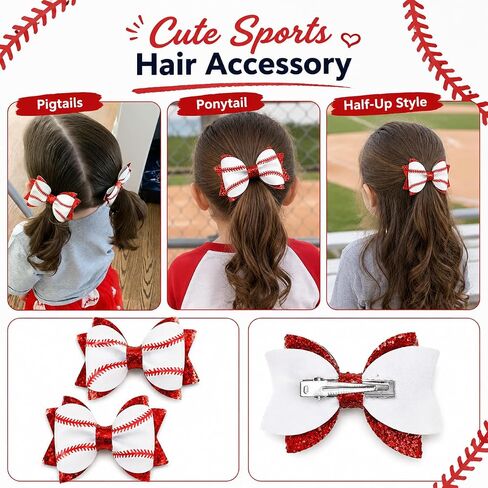 Baseball Hair Bow Clips for Girls, 2PCS Baseball Bow Alligator Clips with Red Glitter, Game Day Sports Hair Accessories for Toddlers Kids in Kuwait