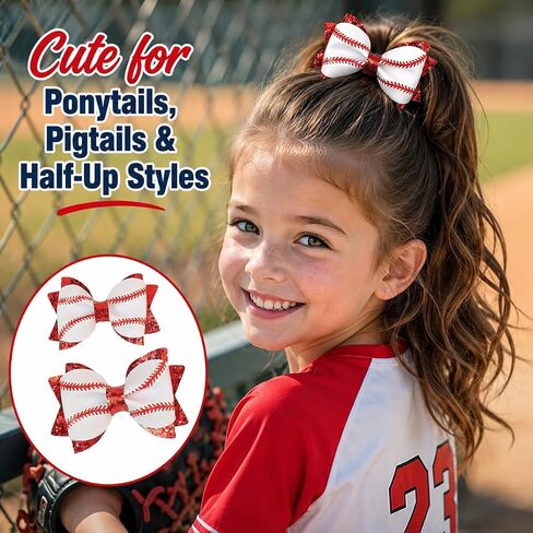 Baseball Hair Bow Clips for Girls, 2PCS Baseball Bow Alligator Clips with Red Glitter, Game Day Sports Hair Accessories for Toddlers Kids in Kuwait