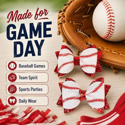 Baseball Hair Bow Clips for Girls, 2PCS Baseball Bow Alligator Clips with Red Glitter, Game Day Sports Hair Accessories for Toddlers Kids in Kuwait