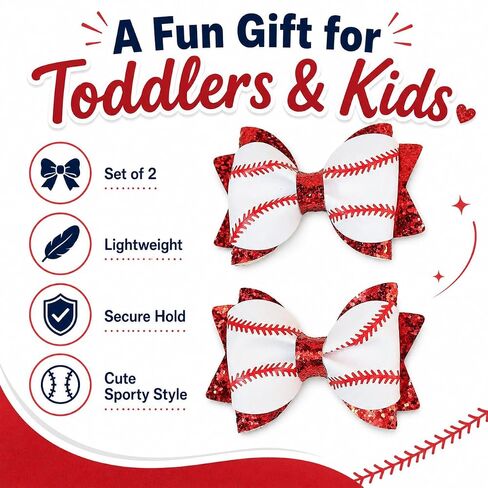 Baseball Hair Bow Clips for Girls, 2PCS Baseball Bow Alligator Clips with Red Glitter, Game Day Sports Hair Accessories for Toddlers Kids in Kuwait