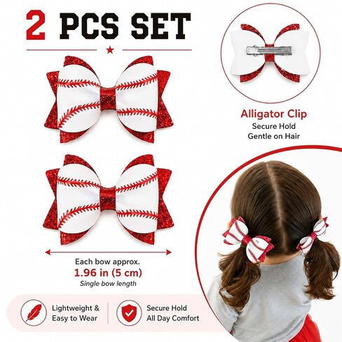 Baseball Hair Bow Clips for Girls, 2PCS Baseball Bow Alligator Clips with Red Glitter, Game Day Sports Hair Accessories for Toddlers Kids in Kuwait