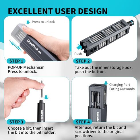 DURATECH 49-IN-1 Mini Precision Electric SAE Screwdriver Set | 5 Torque Levels, Smart Digital Display, One-Press Pop-Up Design, 42PCS Premium S2 Steel Bits, Magnetic Bit Organization in Kuwait