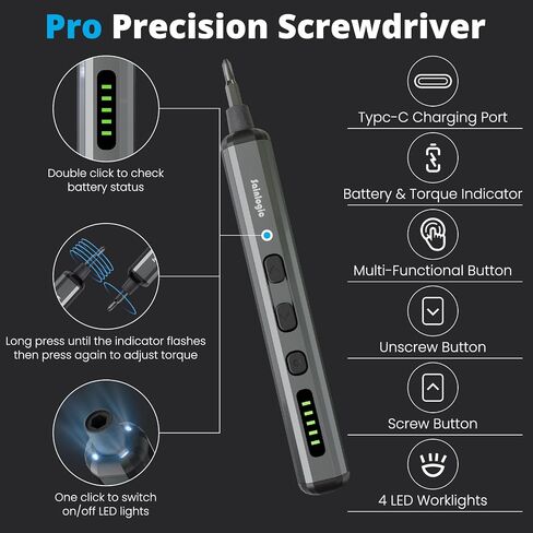 Sainlogic Electric Screwdriver, 68 in 1 Screwdriver Set, 3.7V Mini Electric screwdriver cordless 350mAh, 5 Torque Settings, 4 LED Lights, Electric Small Screwdriver Set for Phone Camera Watch, Gray in Kuwait