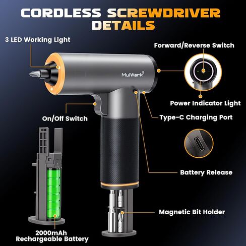 MulWark Electric Screwdriver Set, 4V Cordless Screwdriver with 46 Precision Driver Bit Set, 2000mAh Electric & Manual Powered Screwdriver with Touchscreen for Home Improvement, DIY Projects in Kuwait
