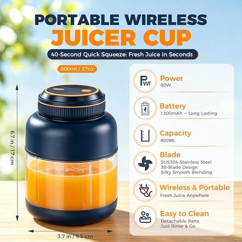 Portable Wireless Juicer Cup, 38 Blades USB Rechargeable Blender | 28Oz Dual Lid Leakproof Compact Travel Juicer Cup for Protein Shakes, Fruit Juice & Vegetables Office Outdoor(Blue-800ml) in Kuwait