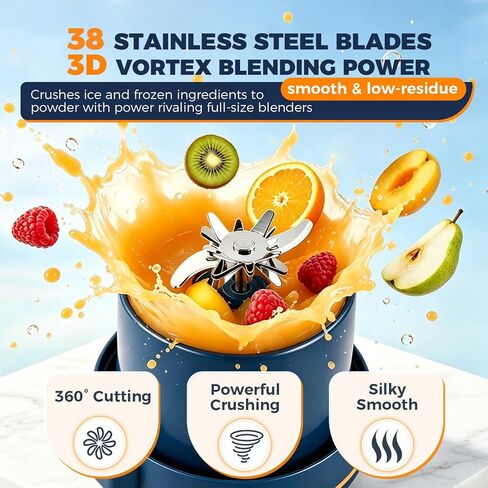 Portable Wireless Juicer Cup, 38 Blades USB Rechargeable Blender | 28Oz Dual Lid Leakproof Compact Travel Juicer Cup for Protein Shakes, Fruit Juice & Vegetables Office Outdoor(Blue-800ml) in Kuwait